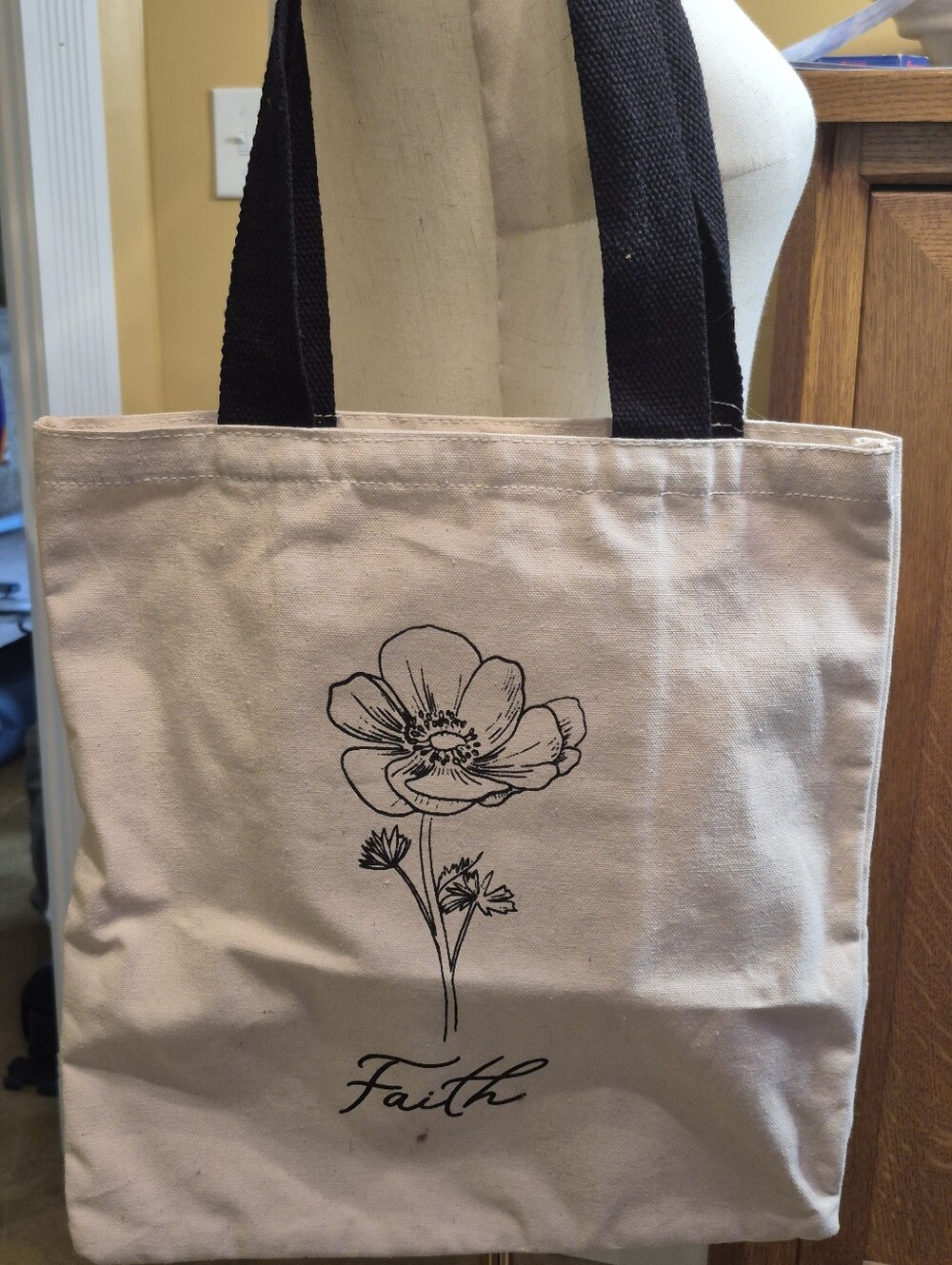 Canvas Tote Bag with Faith Floral Print - Beige and Black